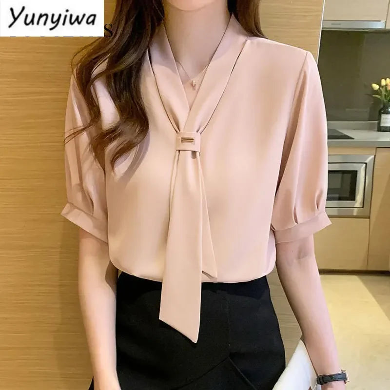 Stijlvolle Koreaanse Strik Dames Blouse met Korte Mouwen