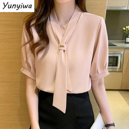 Stijlvolle Koreaanse Strik Dames Blouse met Korte Mouwen