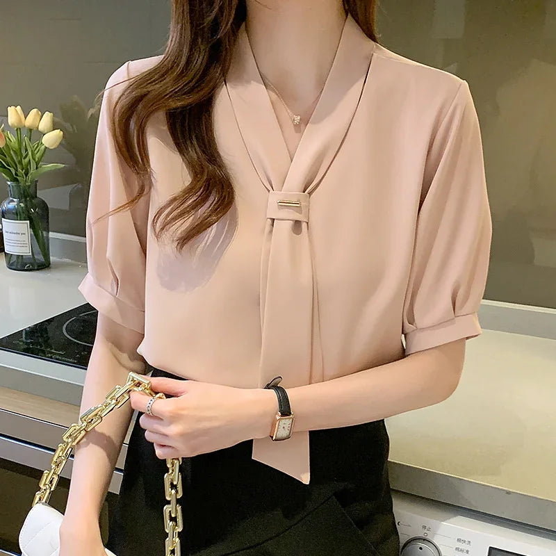 Stijlvolle Koreaanse Strik Dames Blouse met Korte Mouwen