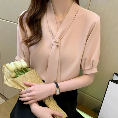 Stijlvolle Koreaanse Strik Dames Blouse met Korte Mouwen