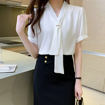 Stijlvolle Koreaanse Strik Dames Blouse met Korte Mouwen