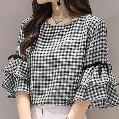 ZomerLuxe Koreaanse Stijl Geruite Zomerblouse