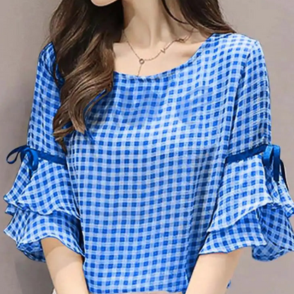 ZomerLuxe Koreaanse Stijl Geruite Zomerblouse