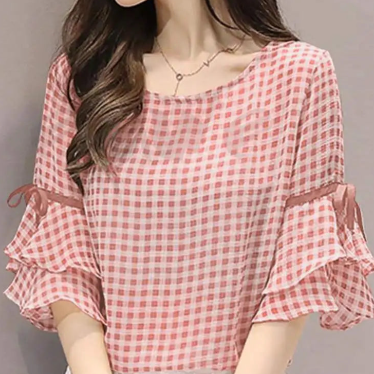 ZomerLuxe Koreaanse Stijl Geruite Zomerblouse