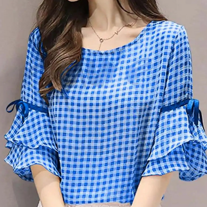ZomerLuxe Koreaanse Stijl Geruite Zomerblouse