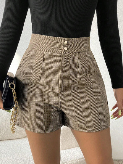 Hoge Taille Korte Broek met Visgraat Motief - Mode Vibes