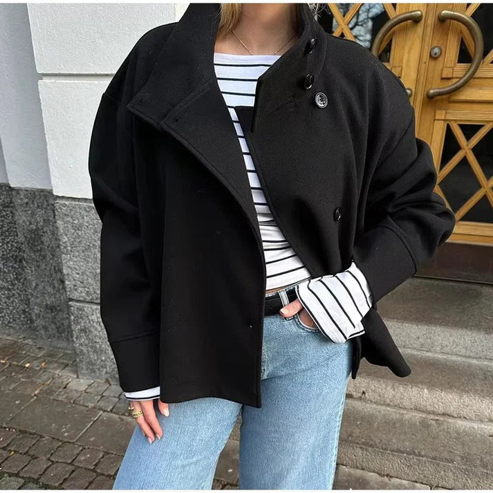 Dames Korte Jas Hoge Kraag Knoopsluiting - Mode Vibes