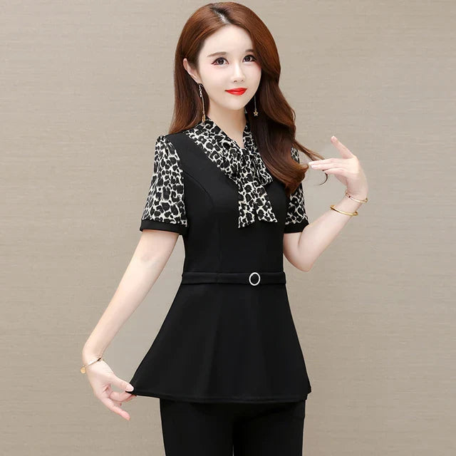 Eleganza Zomer Dames Vintage Losse Peplum Top met Zwarte Strikstrik