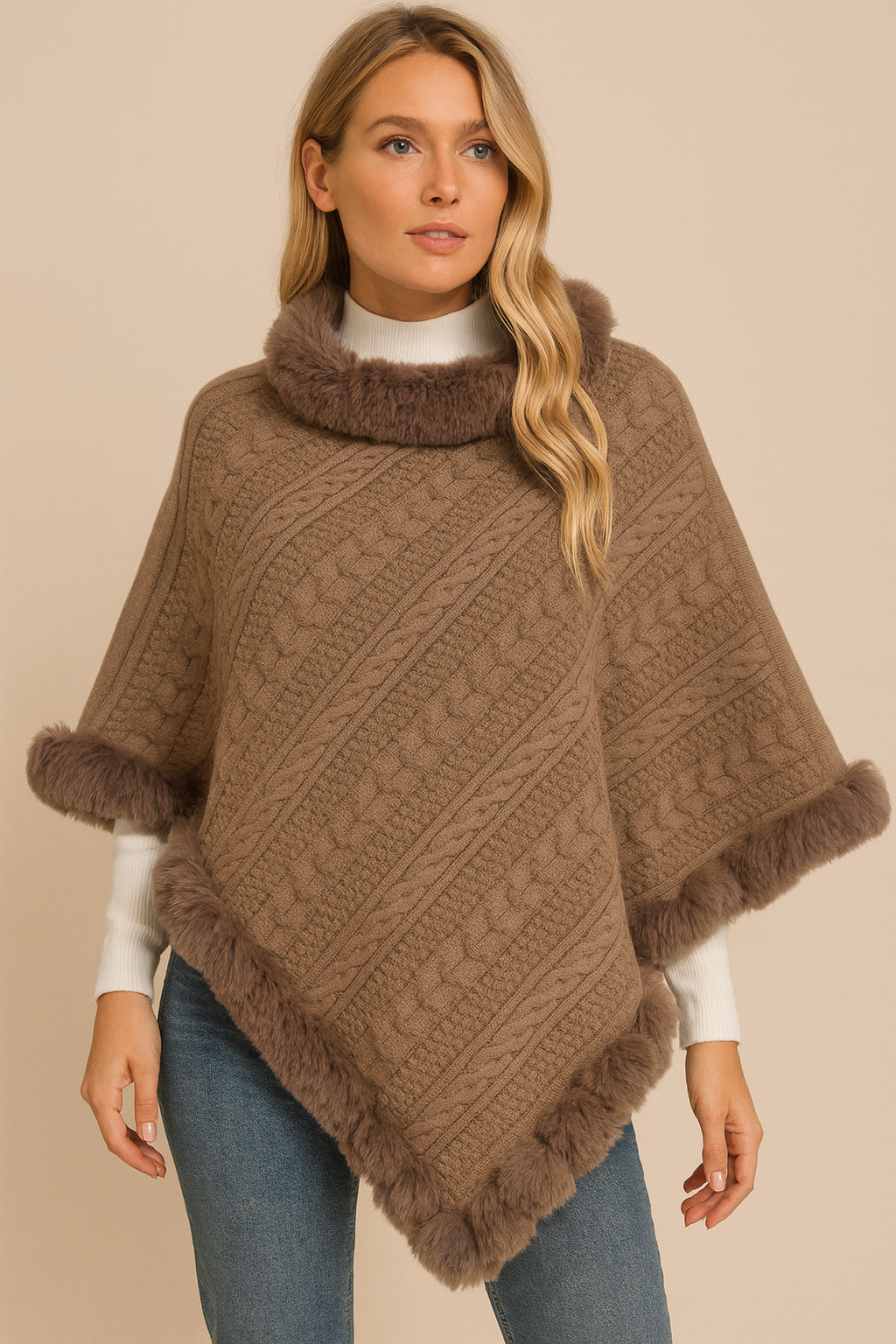 Dames Gebreide Sjaal Cape met Kunstbont Kraag - Mode Vibes