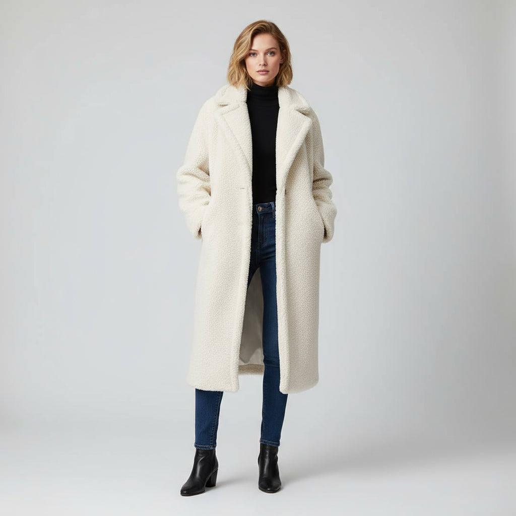 Dames Winterjas Teddy Stof Warm met Steekzakken en Reverskraag
