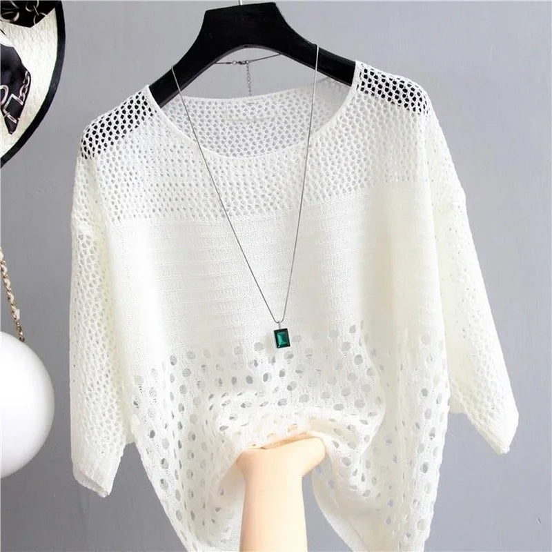 Witte Cardigan Top van Ice Silk met Holle Details