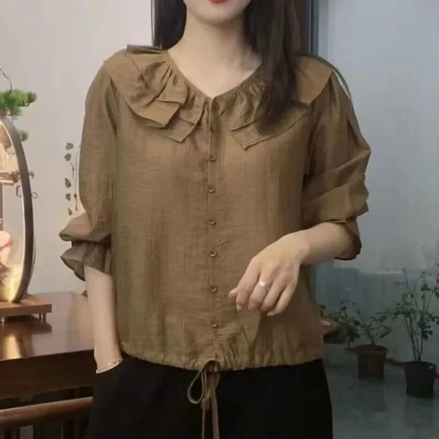 Voorjaar-Herfst Losse Blouse met Koord