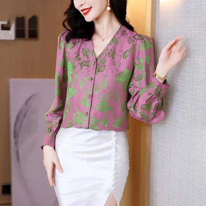 Lente Herfst Satijnen Bedrukte Blouse met V-hals voor Vrouwen