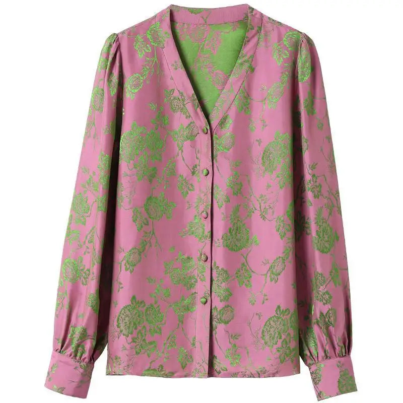 Lente Herfst Satijnen Bedrukte Blouse met V-hals voor Vrouwen