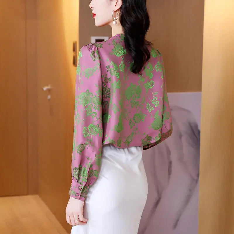Lente Herfst Satijnen Bedrukte Blouse met V-hals voor Vrouwen