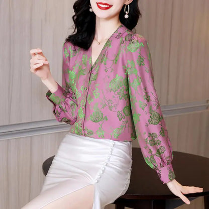 Lente Herfst Satijnen Bedrukte Blouse met V-hals voor Vrouwen