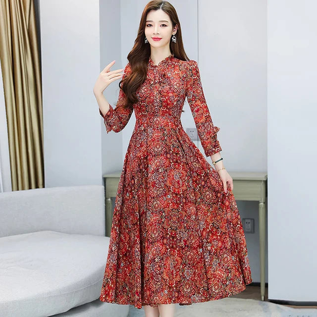 ModeMagie Rode Bloemen Midi Jurk met Lange Mouwen