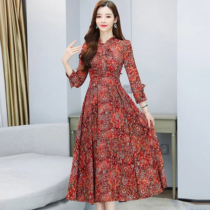 ModeMagie Rode Bloemen Midi Jurk met Lange Mouwen