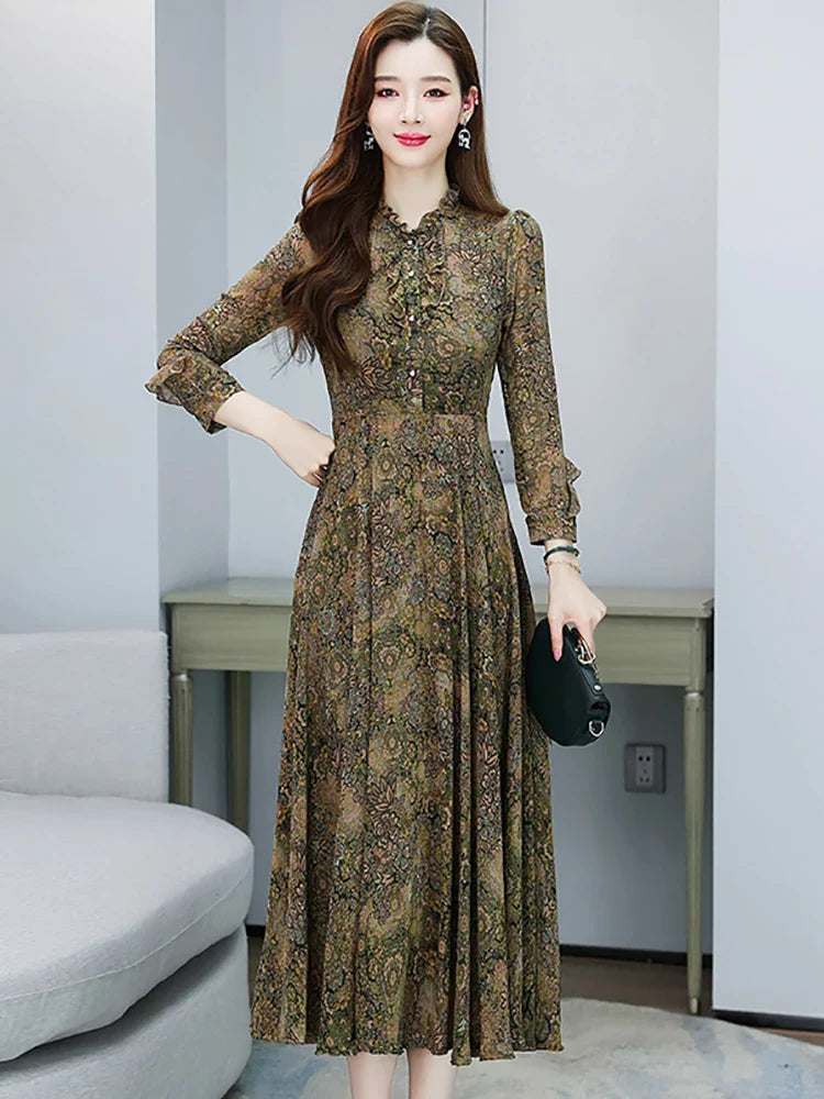 ModeMagie Rode Bloemen Midi Jurk met Lange Mouwen