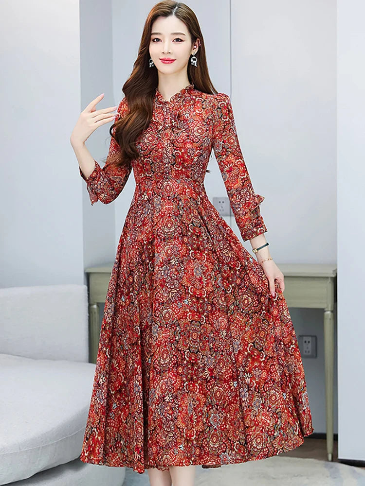 ModeMagie Rode Bloemen Midi Jurk met Lange Mouwen
