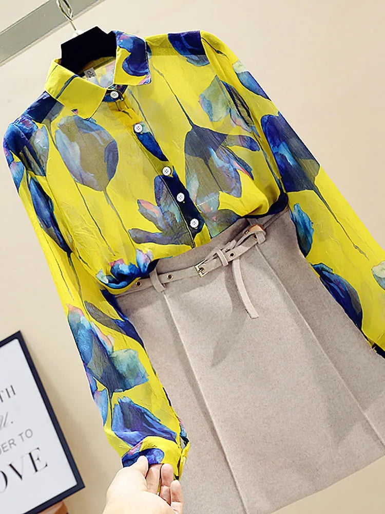 ModeMeester Retro Chiffon Blouses met Lange Mouwen