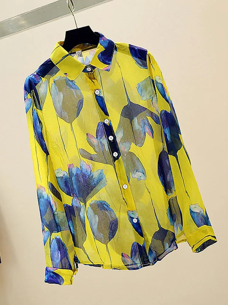 ModeMeester Retro Chiffon Blouses met Lange Mouwen