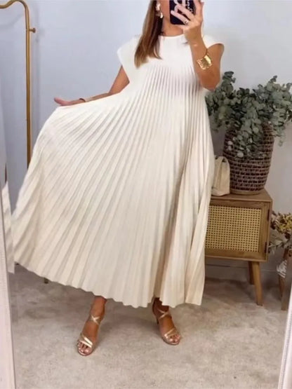 Elegante Lente-Zomer Effen Kleur Lange Jurk met Grote Zoomlijnzakken
