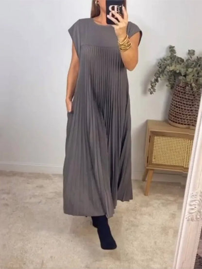 Elegante Lente-Zomer Effen Kleur Lange Jurk met Grote Zoomlijnzakken
