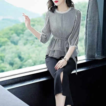 Zomer Ruches Geruite Blouse met 3/4 Mouwen