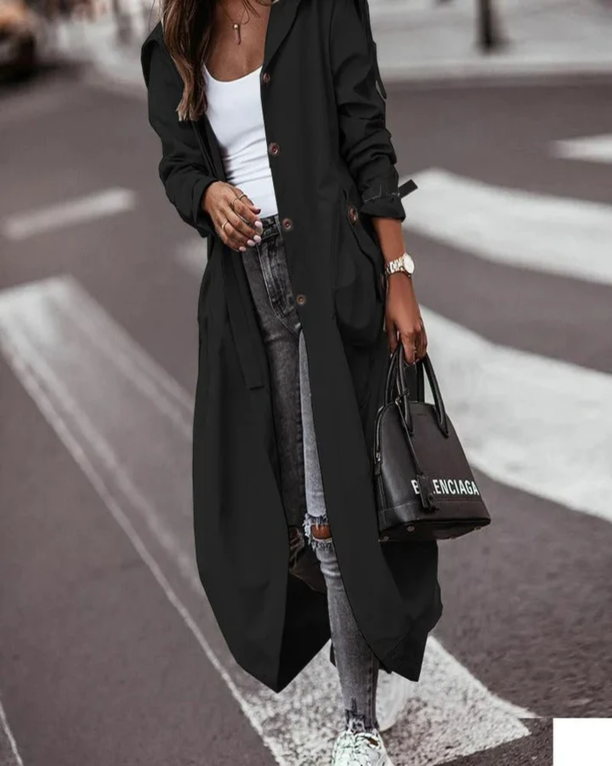 Dames Trenchcoat Waterdicht Zwart Met Capuchon Lange Jas - Mode Vibes