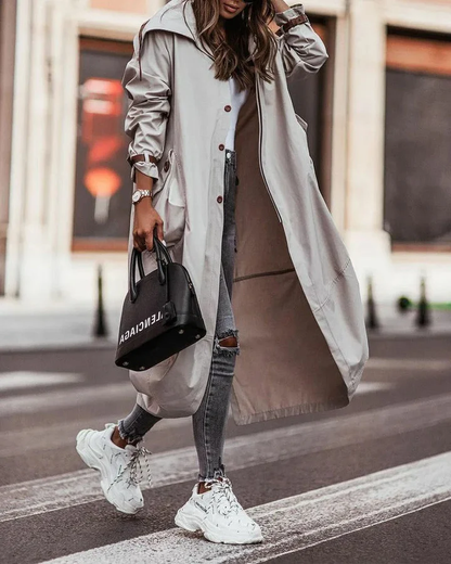 Dames Trenchcoat Waterdicht Zwart Met Capuchon Lange Jas