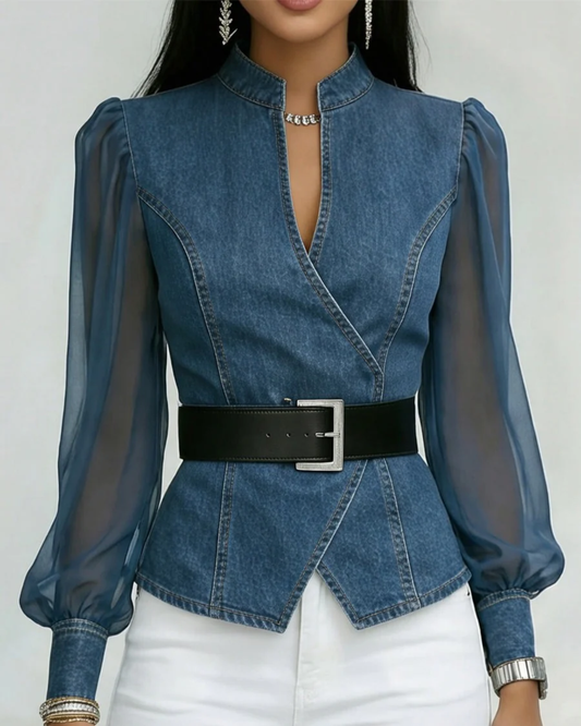 Livia | Elegante Denim Top met Chiffon Mouwen 0