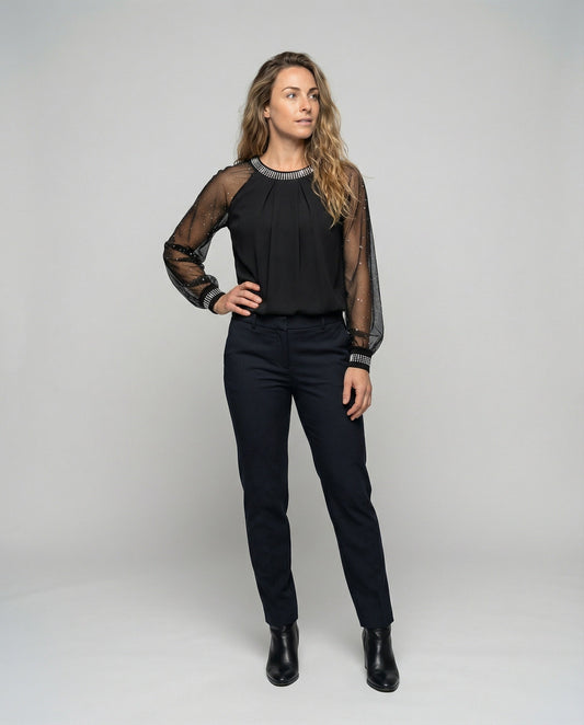 Livia | Elegante Pailletten Top Dames met Transparante Mouwen 0