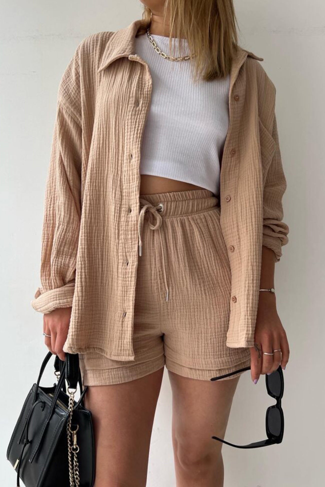 Lange Mouwen Shirt Short Set Zomer Outfit