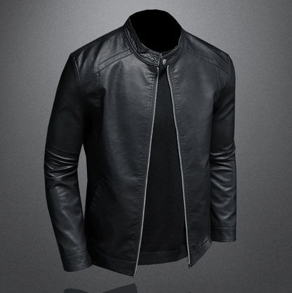 Lufara stijlvolle zwarte leren jas met opstaande kraag en ritssluiting. Deze tijdloze jas heeft een strakke pasvorm en is perfect voor een modieuze en stoere uitstraling in elk seizoen.