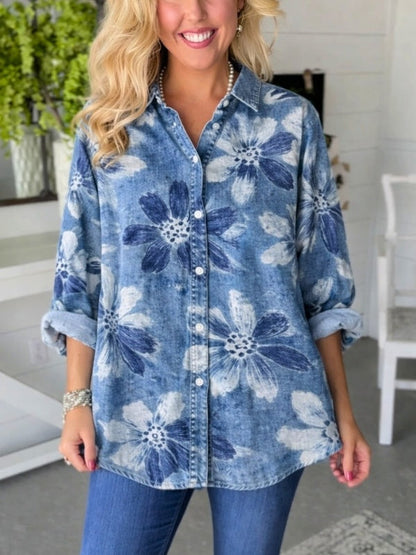 Luna | Casual Relaxed Fit Denim Overhemd met Bloemenprint 1