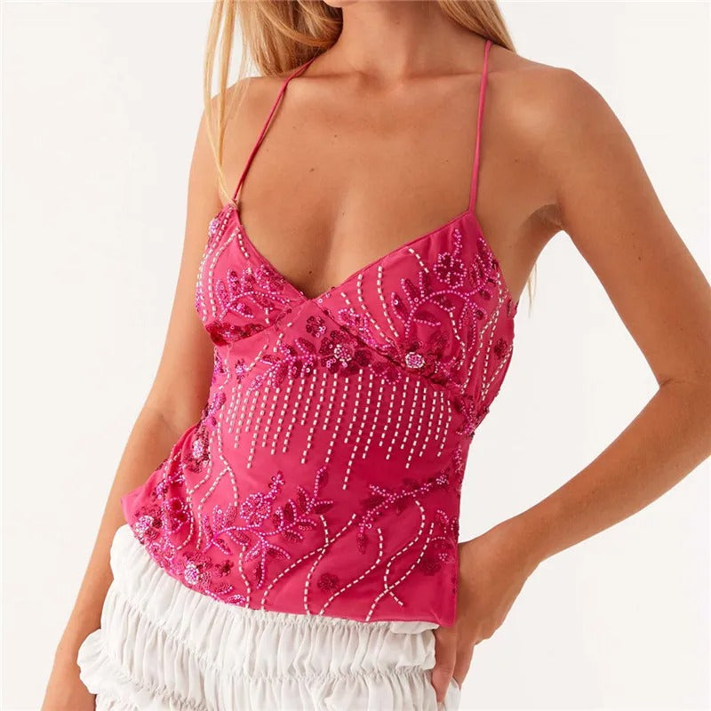 Luna | Top Cami in Rete con Ricami Floreali in Paillettes-1
