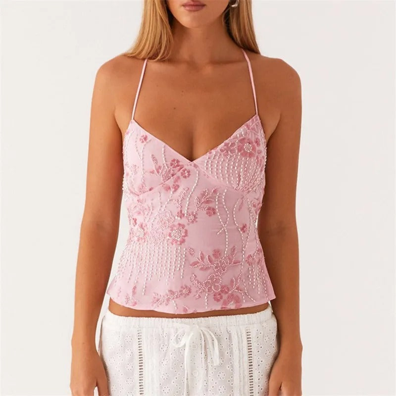 Luna | Top Cami in Rete con Ricami Floreali in Paillettes-3