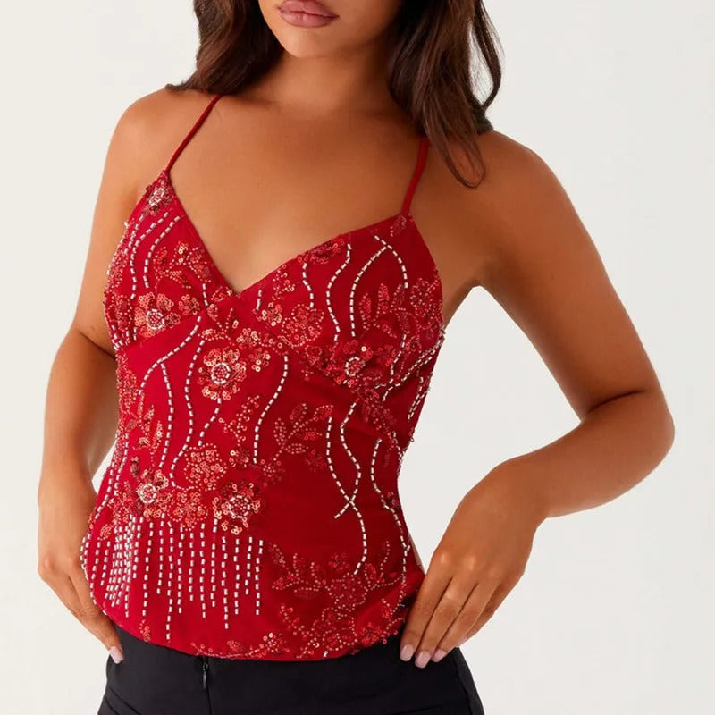 Luna | Top Cami in Rete con Ricami Floreali in Paillettes-6