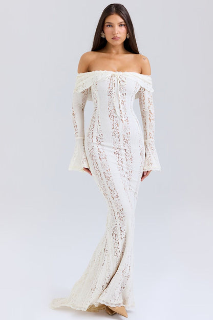 Bloemige Maxi Jurk Off-Shoulder Zomerjurk van Kant