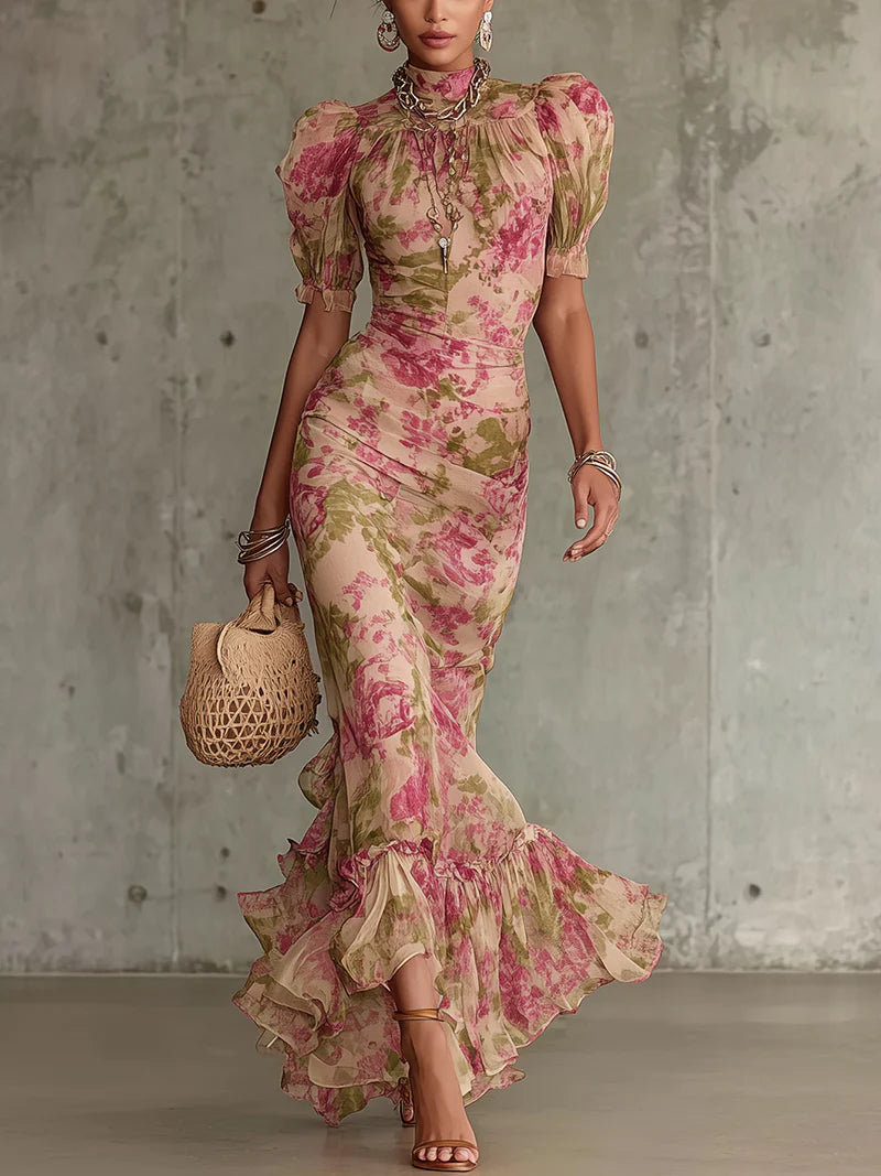 Lunara | Elegante Lange Maxi Jurk Dames met Pofmouwen 0