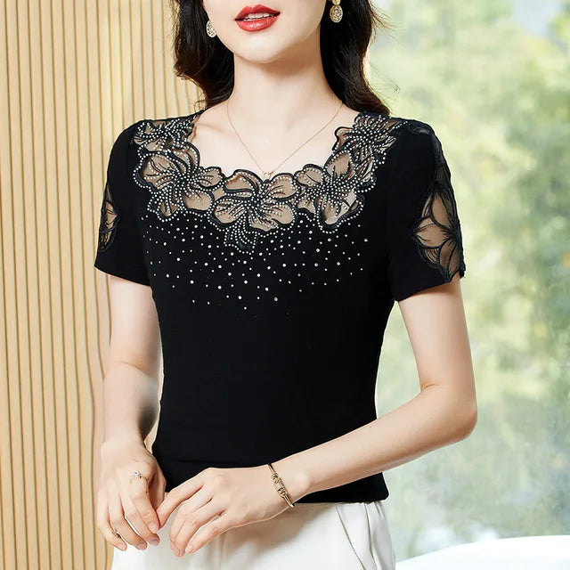Zomerse Korte Mouw O-hals Dames T-shirt met Elegant Slim Gehollowd Drill Mesh Tops Blusas.