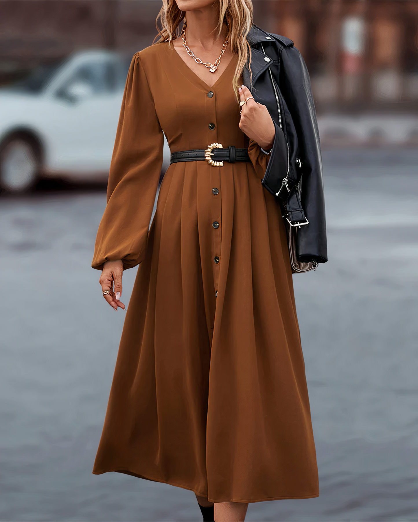 Dames Maxi Jurk Lange Mouwen Knoopsluiting Zomerjurk