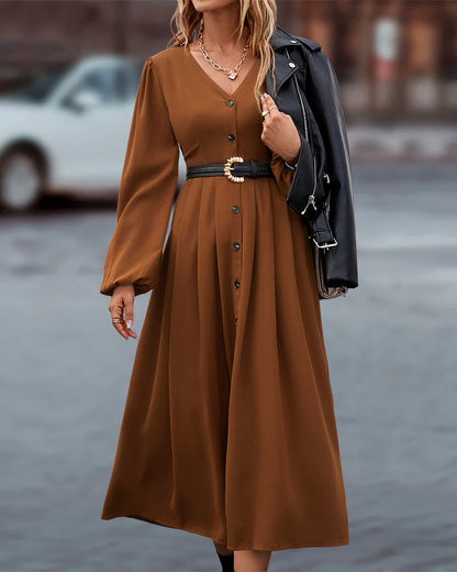 Dames Maxi Jurk Lange Mouwen Knoopsluiting Zomerjurk
