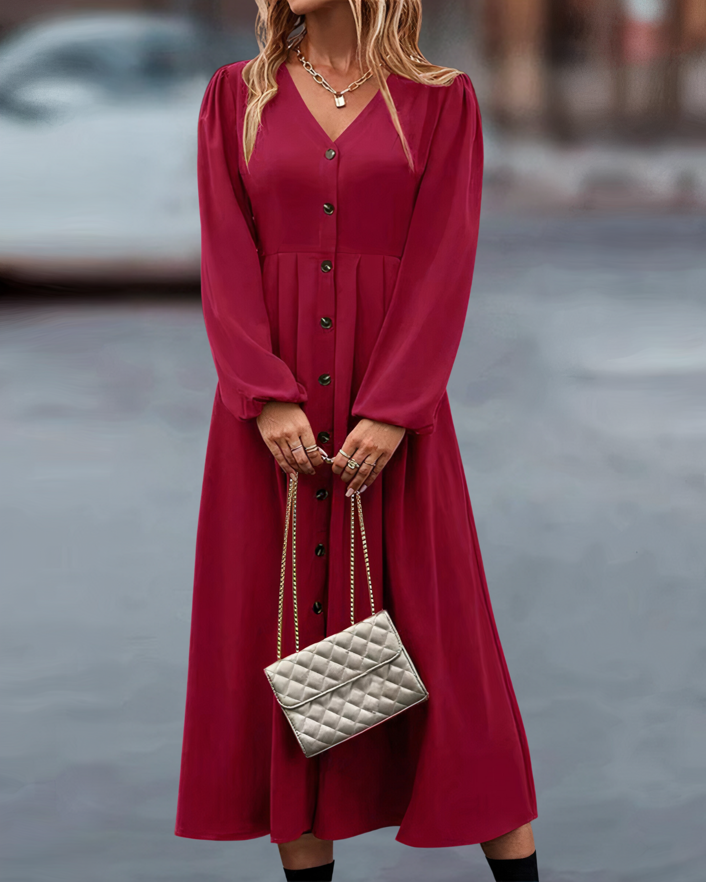 Dames Maxi Jurk Lange Mouwen Knoopsluiting Zomerjurk
