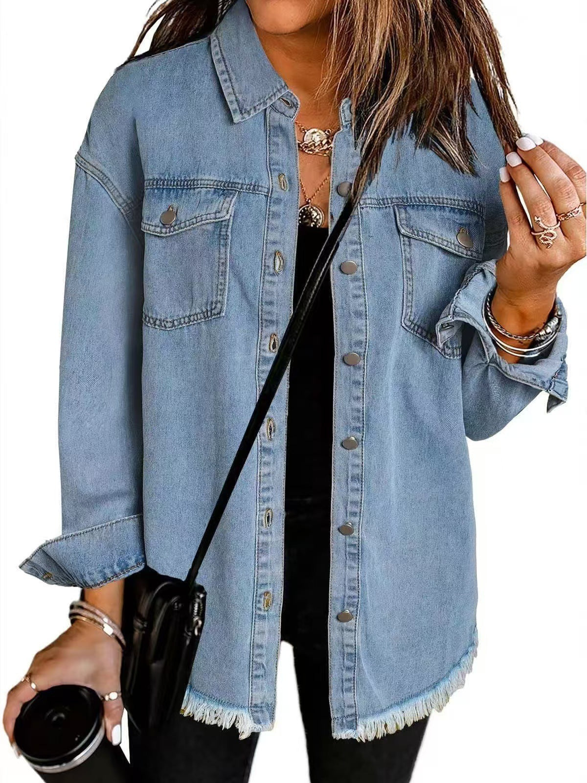 Dames Blouse Klassiek Denim Met Zakken Heather