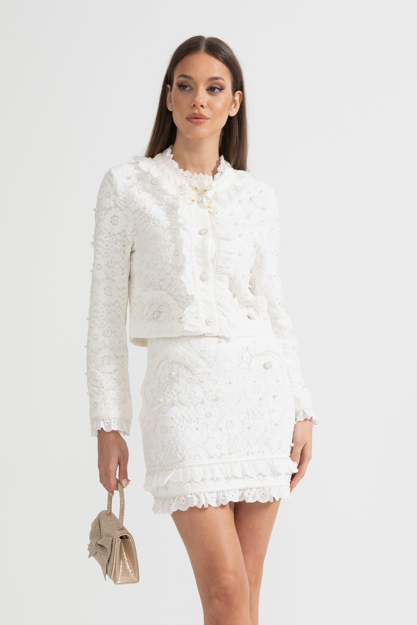Elegant Tweedelig Ensemble met Parelversieringen – Wit