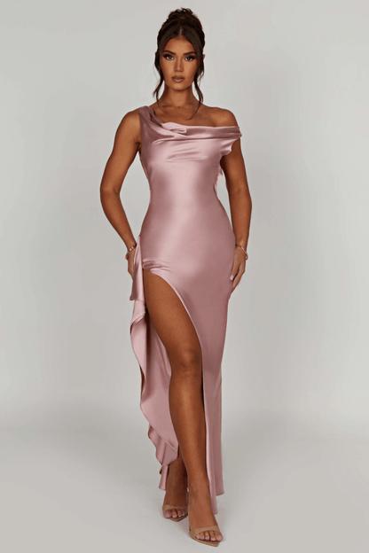Luxe Satijn Maxi Jurk Off-Shoulder Stijl