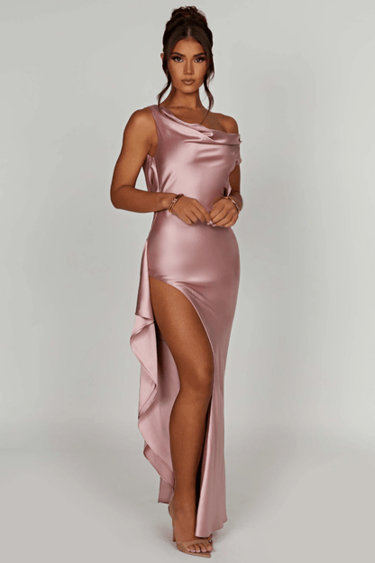 Luxe Satijn Maxi Jurk Off-Shoulder Stijl