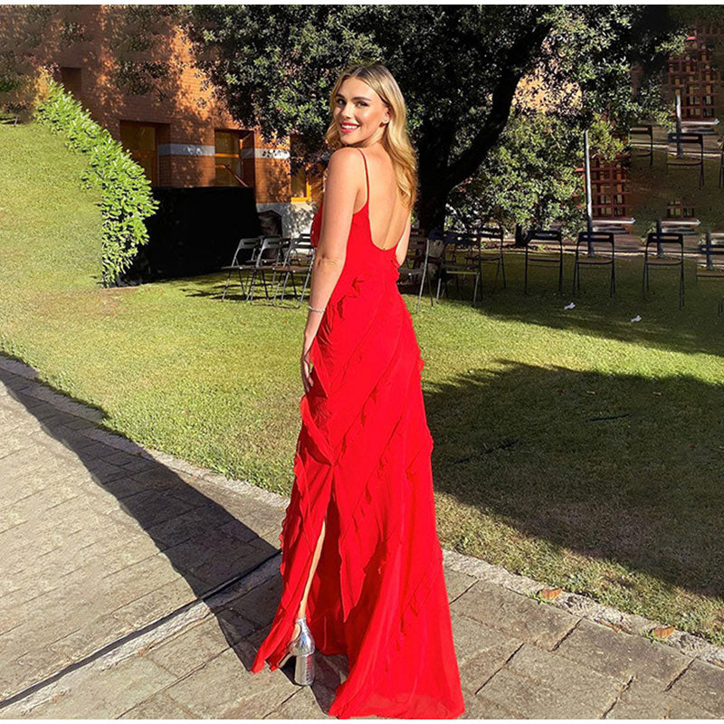 Maxi Jurk Ruffles en Lange Split Zomerjurk Vrouw